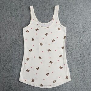 No Boundaries cat print tank top white pink polka dot size S cute Y2K